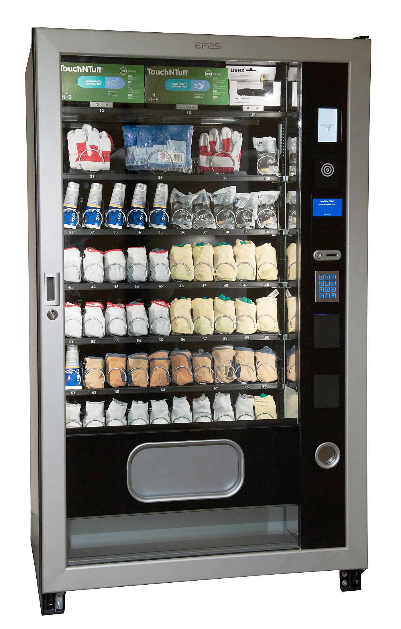 Automat vending industrial OptiVEND cu spirale pentru distribuție controlată de mănuși, ochelari și PPE în fabrici și depozite
