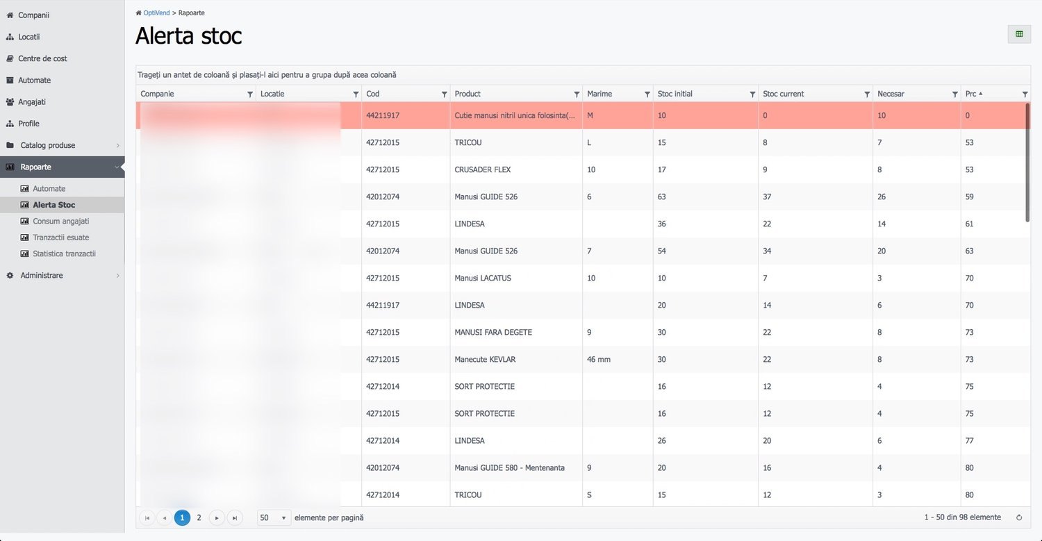 Platforma software OptiVEND cu rapoarte de consum și stoc live pentru automatele de vending industrial